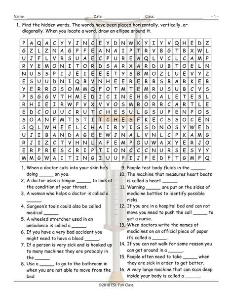 Hospitals-Injuries Word SearchWorksheet