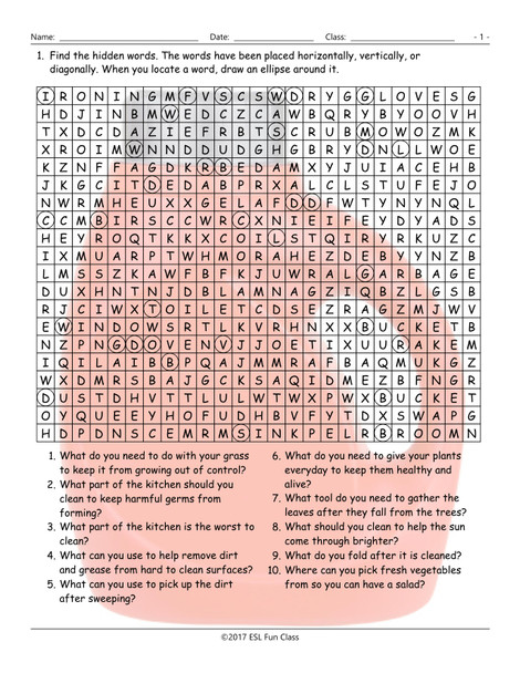 Household Chores-Cleaning Supplies Word Search Worksheet