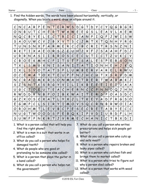Jobs-Professions Word Search Worksheet