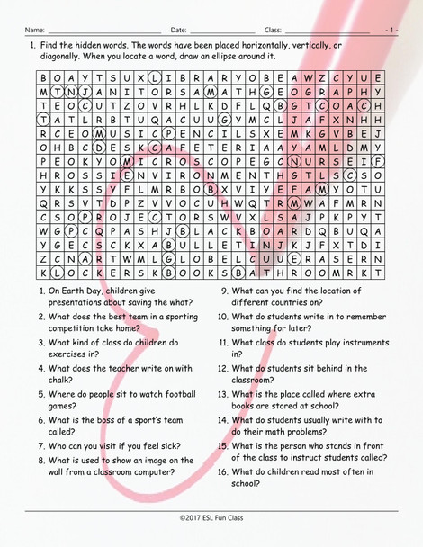 School Items-Places-Subjects Word Search Worksheet