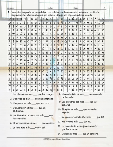 Comparative Adjectives Spanish Word Search Worksheet