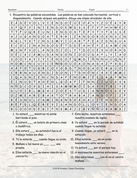 Future Continuous Tense Spanish Word Search Worksheet