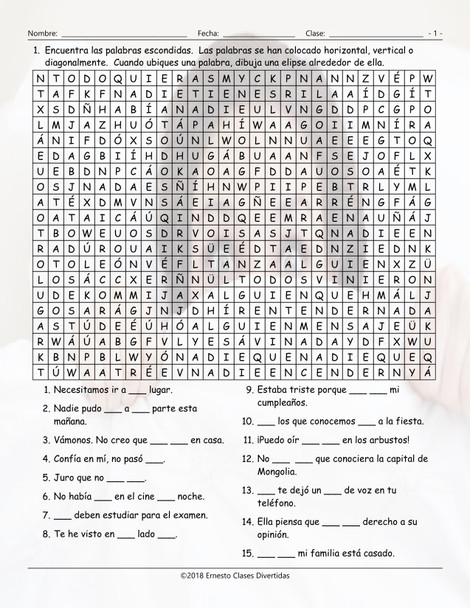 Indefinite Pronouns Spanish Word Search Worksheet