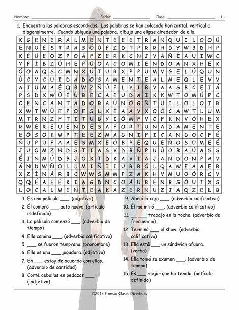 Parts of Speech Spanish Word Search Worksheet