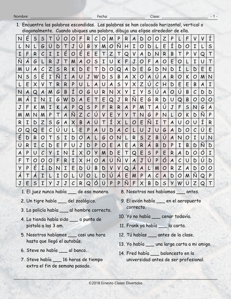 Past Perfect Tense Spanish Word Search Worksheet