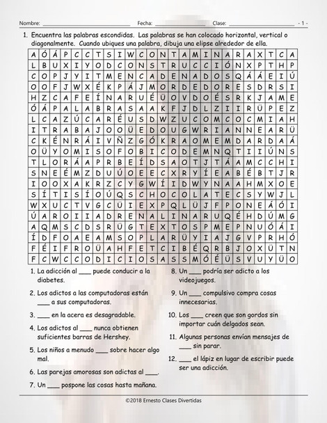 Bad Habits and Addictions Spanish Word Search Worksheet