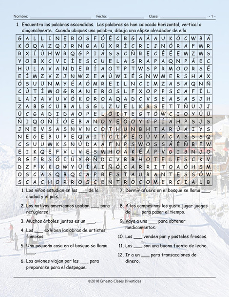 City versus Country Spanish Word Search Worksheet