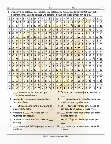 Food Items Spanish Word Search Worksheet