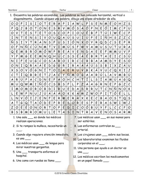 Hospitals and Injuries Spanish Word Search Worksheet