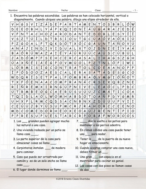 Houses and Apartments Spanish Word Search Worksheet