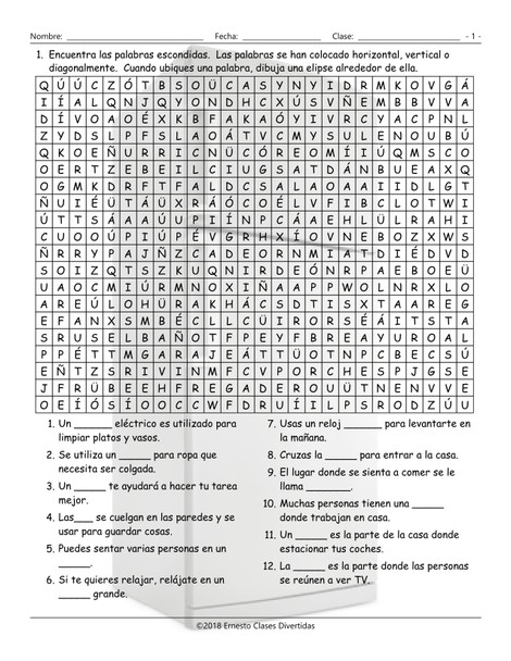 Houses, Rooms, Furniture and Appliances Spanish Word Search Worksheet