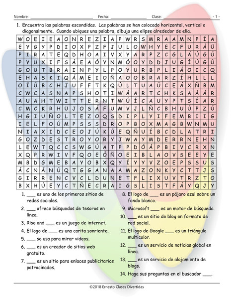 Internet Sites Spanish Word Search Worksheet