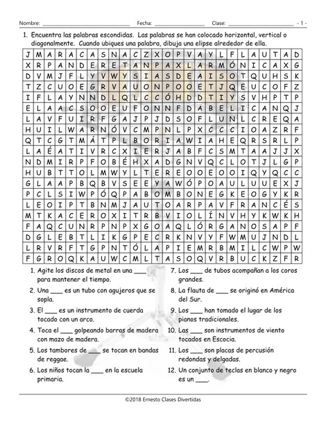 Musical Instruments Spanish Word Search Worksheet