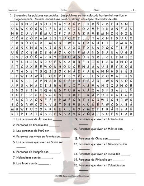 Origins and Nationalities Spanish Word Search Worksheet