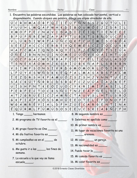Personal Information Spanish Word Search Worksheet