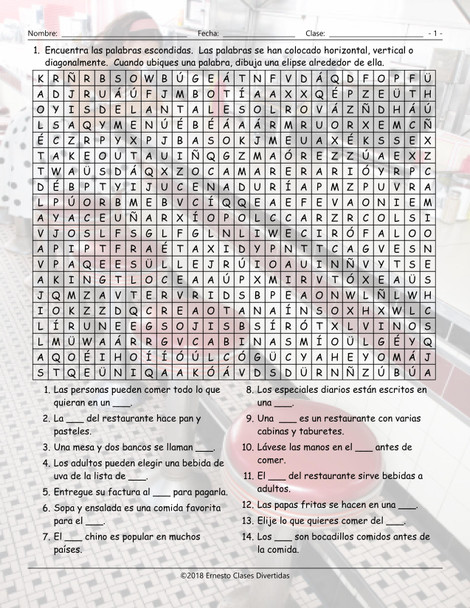 Restaurant Things and Activities Spanish Word Search Worksheet