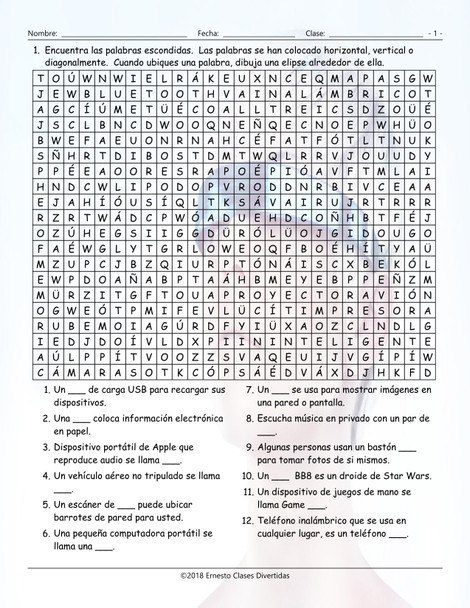 Technology and Gadgets Spanish Word Search Worksheet