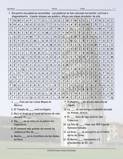 Tourist Attractions Around The World Spanish Word Search Worksheet