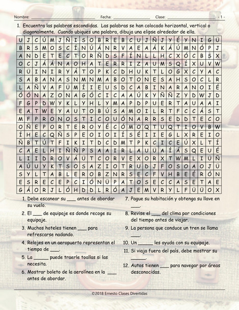 Travel Items and Modes Spanish Word Search Worksheet