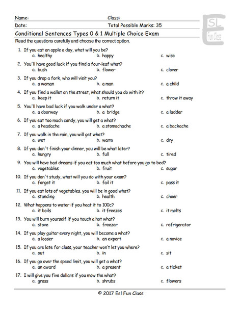 Conditional Sentences Types 0 & 1 Multiple Choice Exam