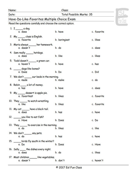 Have-Do-Like-Favorites Multiple Choice Exam