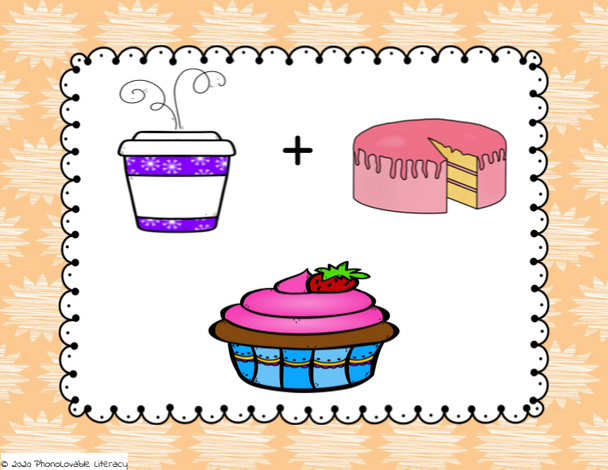 Show students the pictures of cup and cake.  Ask them what new word is made when you blend them together.  After they say, "cupcake", click the arrow or spacebar and a picture of the correct answer will appear.   Continue with the remaining slides. 