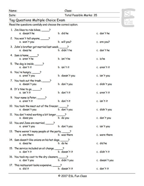 Tag Questions Multiple Choice Exam