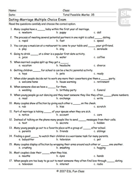 Dating-Marriage-Milestones Multiple Choice Exam