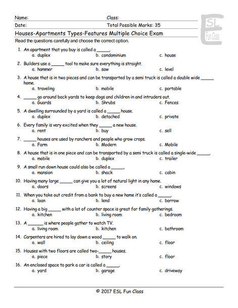 Houses-Apartments Types-Features Multiple Choice Exam