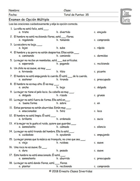 Antonyms and Opposite Actions Spanish Multiple Choice Exam