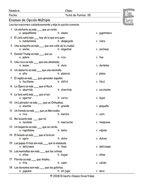 Comparative Adjectives Spanish Multiple Choice Exam