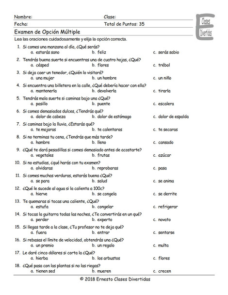 Conditional Sentences Types 0 & 1 Spanish Multiple Choice Exam