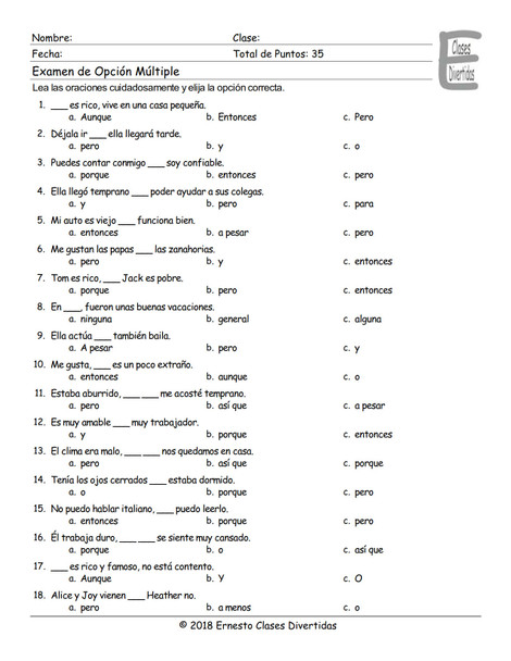 Linking Words and Connectors Spanish Multiple Choice Exam
