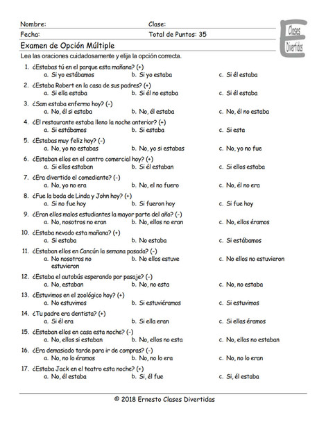 Past Simple with Verb Estar and Ser Spanish Multiple Choice Exam