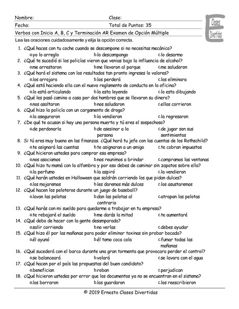 Verbs Start A, B, C, D End AR Spanish Multiple Choice Exam