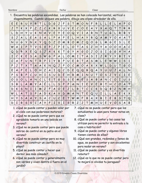 Countable versus Mass Nouns Spanish Word Search Worksheet