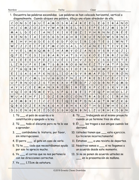 Present , Past, and Future Simple 1 Spanish Word Search Worksheet