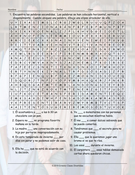 Present , Past, and Future Simple 3 Spanish Word Search Worksheet