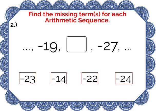 Arithmetic Sequences: Finding the missing term(s) - Digital BOOM Cards