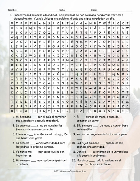 Verbs Start P, Q, R, S, T, U, V End AR Spanish Word Search Worksheet