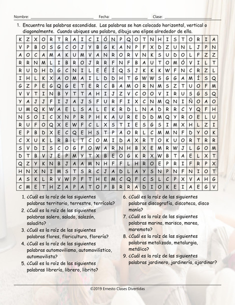 Word Families Spanish Word Search Worksheet
