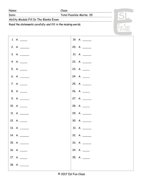 Ability Modals Fill In The Blanks Exam