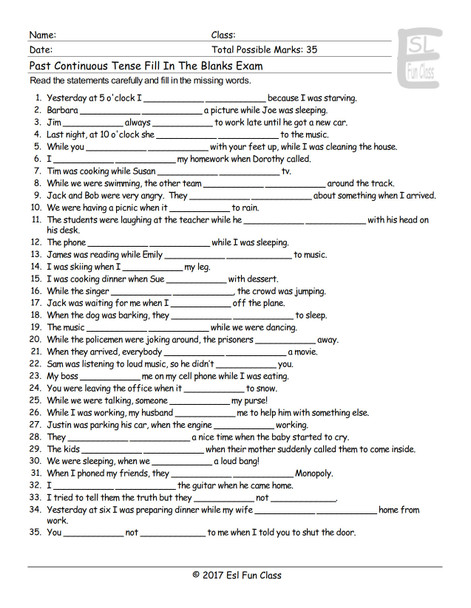 Past Continuous Tense Fill In The Blanks Exam