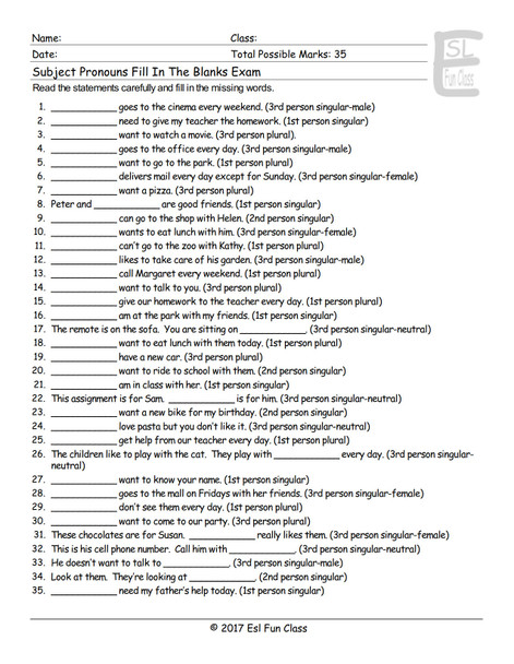 Subject Pronouns Fill In The Blanks Exam