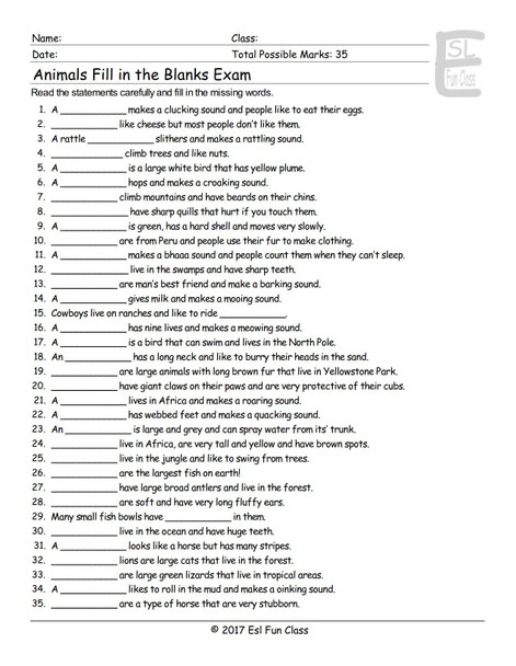 Animals Fill In The Blanks Exam AK & AS