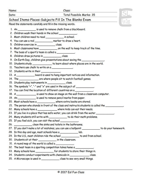 School Items-Places-Subjects Fill In The Blanks Exam