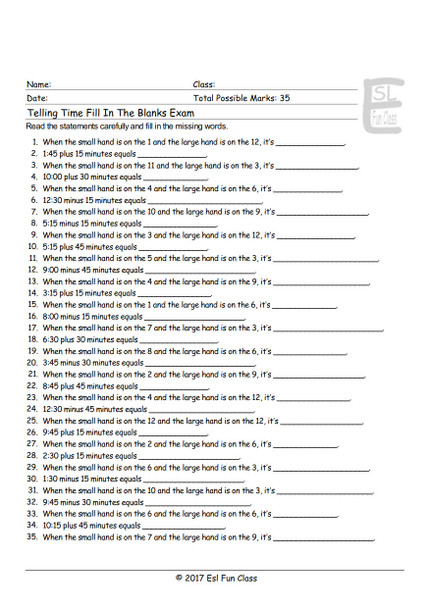 Telling Time Fill In The Blanks Exam & AK