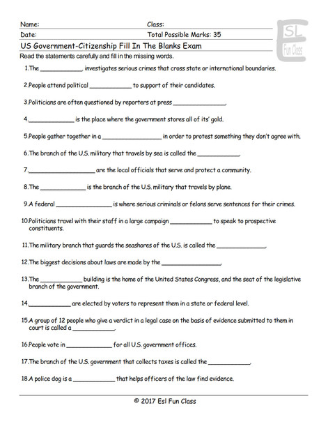 US Government-Citizenship Fill In The Blank Exam