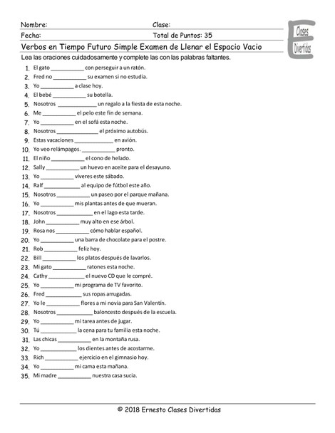 Future Simple Tense Spanish Fill In The Blanks Exam