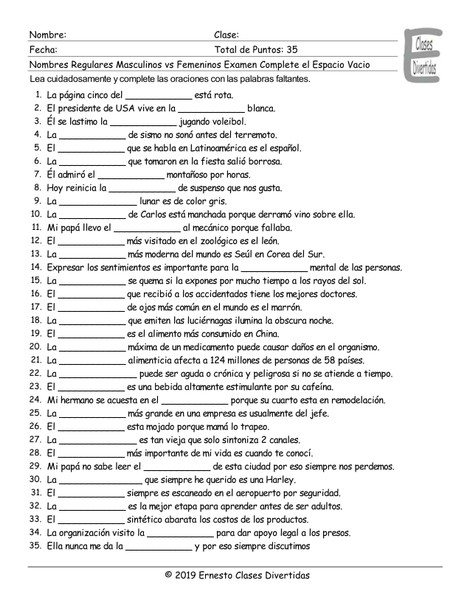 Masculine versus Feminine Regular Nouns Spanish Fill In The Blanks Exam